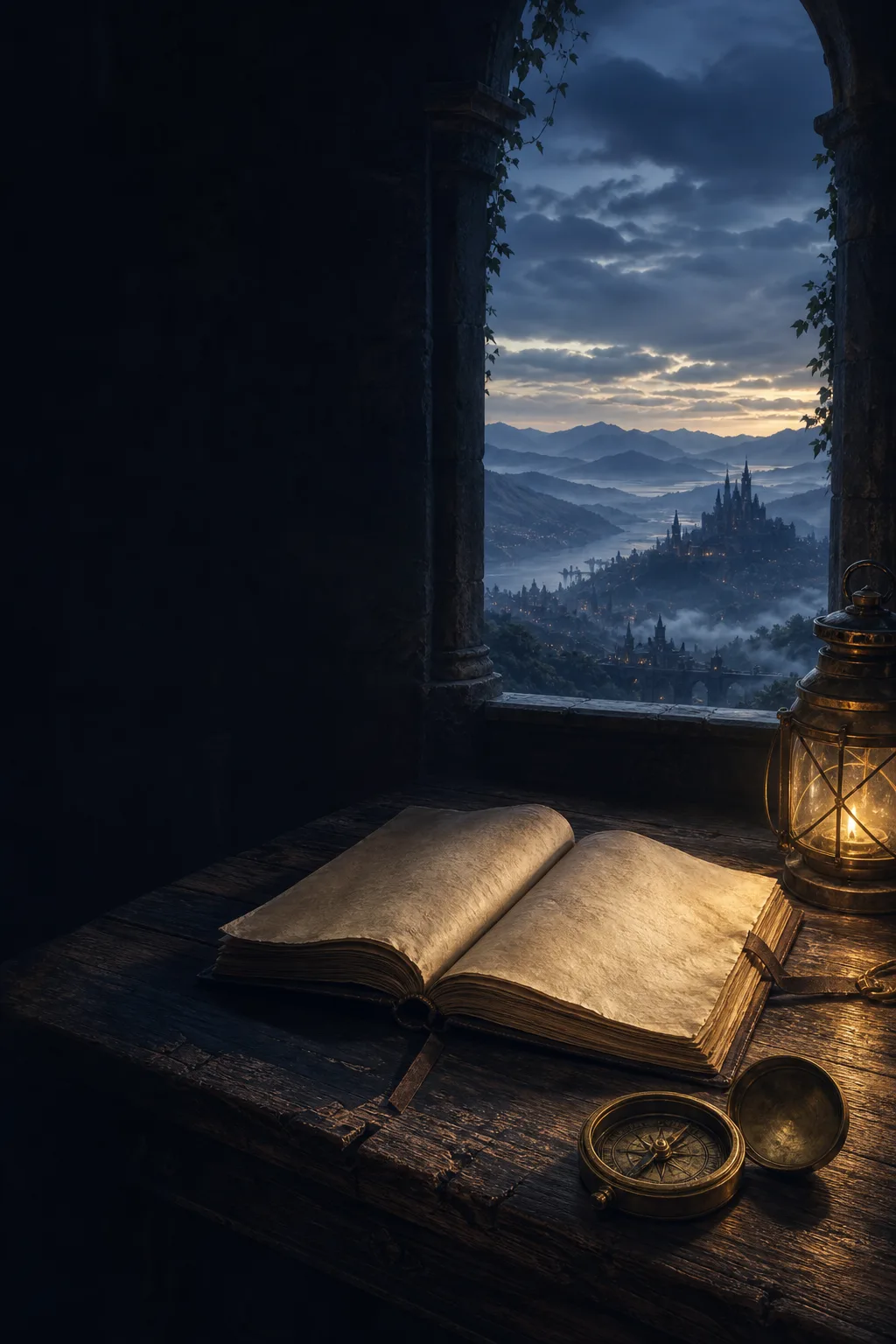 An ancient gilded chronicle surrounded by ethereal blue light