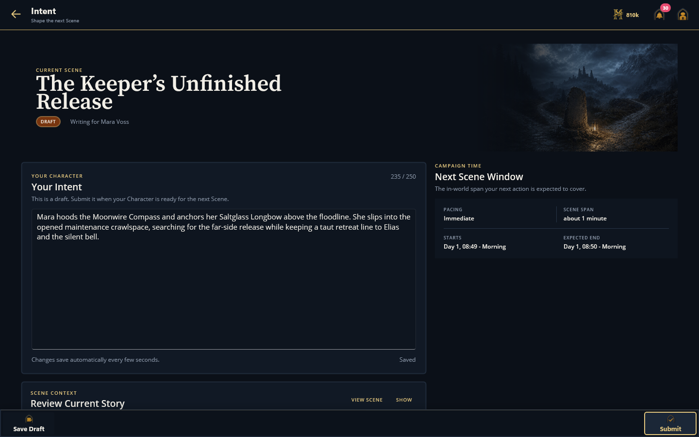 The desktop Intent page for The Lanterns of Greyhaven with Mara Voss's draft