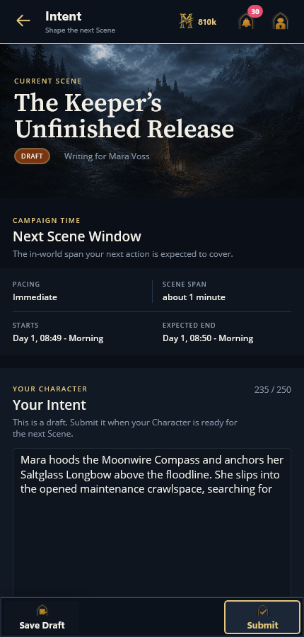 The phone Intent page showing the same Scene timing and draft