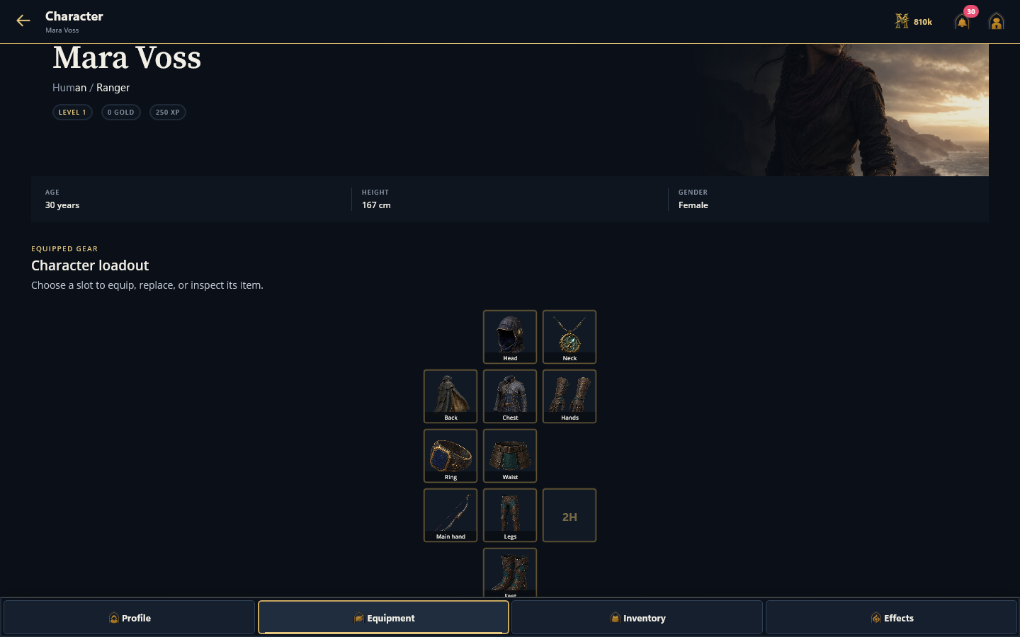 Mara Voss and her complete Greyhaven scout loadout on desktop