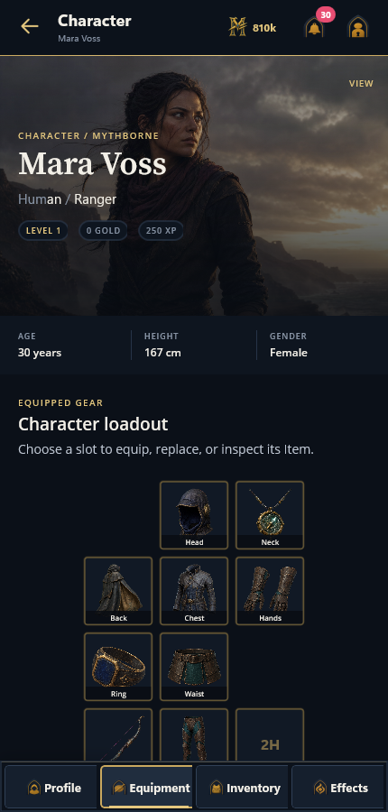 Mara Voss and her equipped armour, compass, ring and longbow on phone